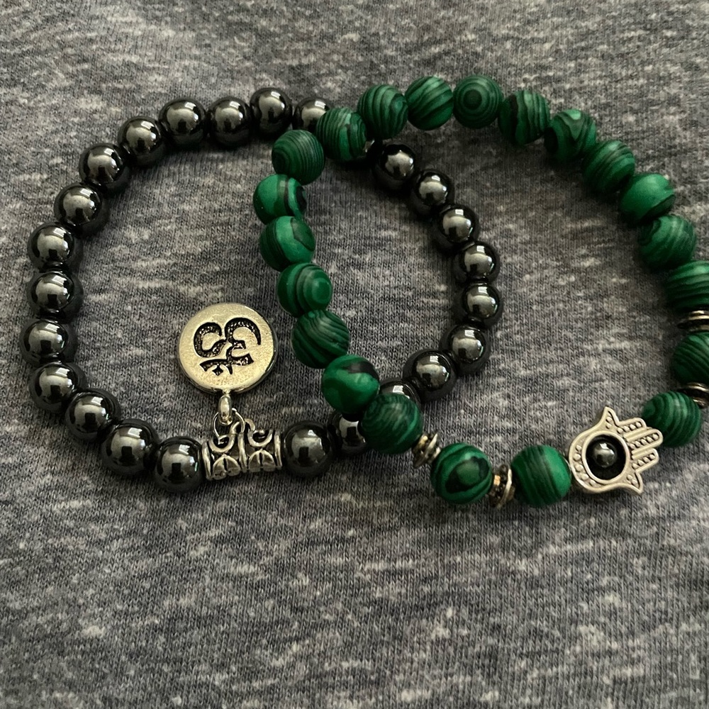 Malichite hamsa bracelet and hematite reiki bracelet